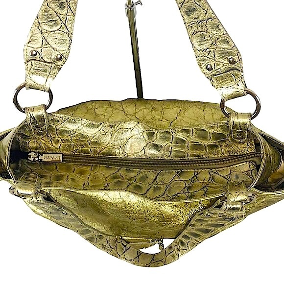 RIPANI Metallic Soft Gold Reptile Embossed Italian Patent Leather Zipper Tote - Picture 8 of 11